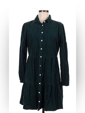J. Crew Dark Forest Green Button-Front Tiered Long Sleeve Dress